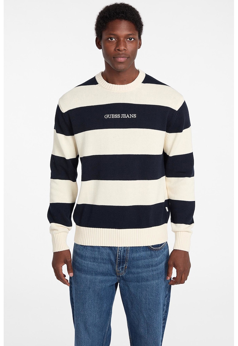 Pulover cu dungi - decolteu la baza gatului si logo - Alb fildes/Bleumarin