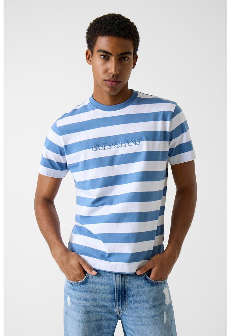 Tricou cu dungi si logo - Alb/Albastru lavanda