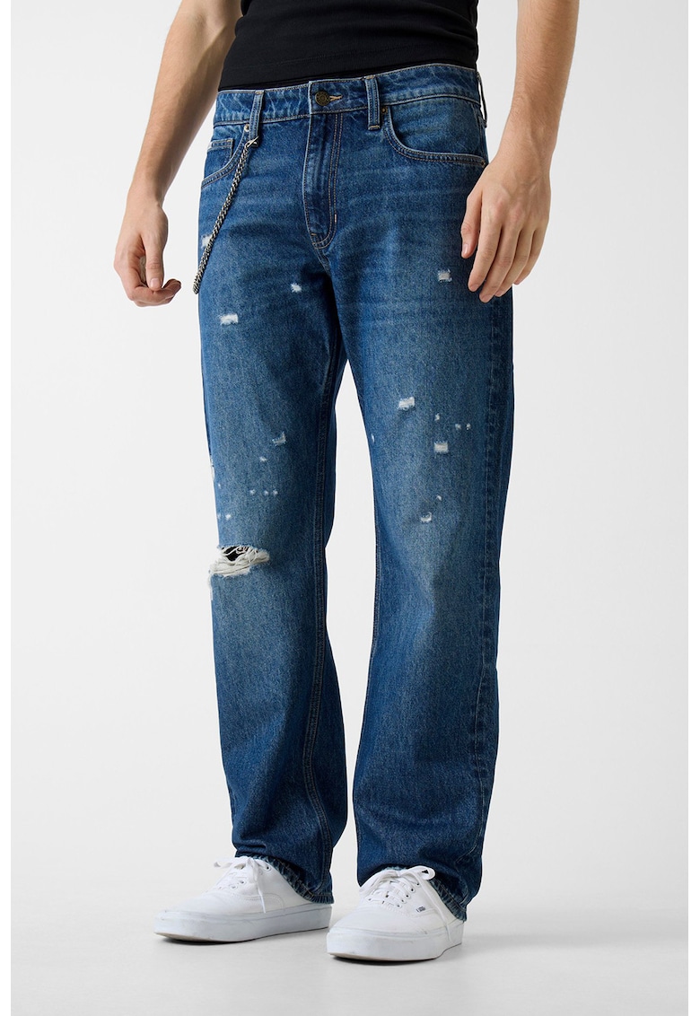 Blugi relaxed fit cu rupturi decorative - Albastru inchis