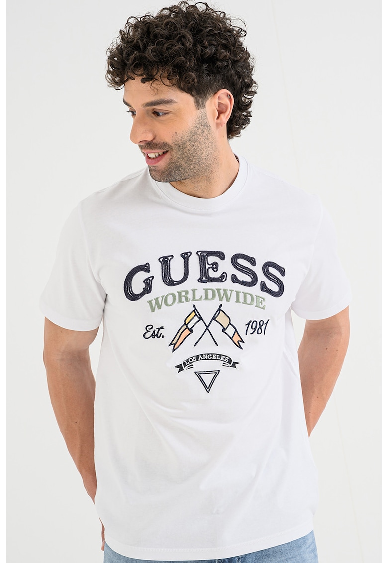 Tricou de bumbac cu logo brodat - Verde/Alb murdar/Bleumarin