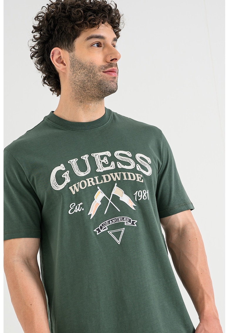 Tricou de bumbac cu logo brodat - Alb/Portocaliu/Verde englez