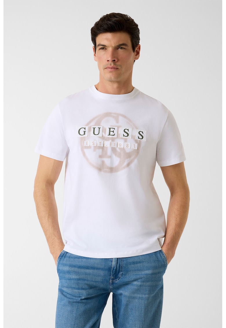 Tricou cu decolteu la baza gatului si imprimeu logo - Alb/Portocaliu persan/Portocaliu pal