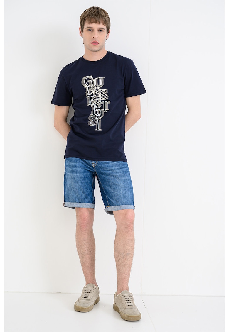 Tricou din amestec de bumbac cu imprimeu logo frontal - Albastru ultramarin