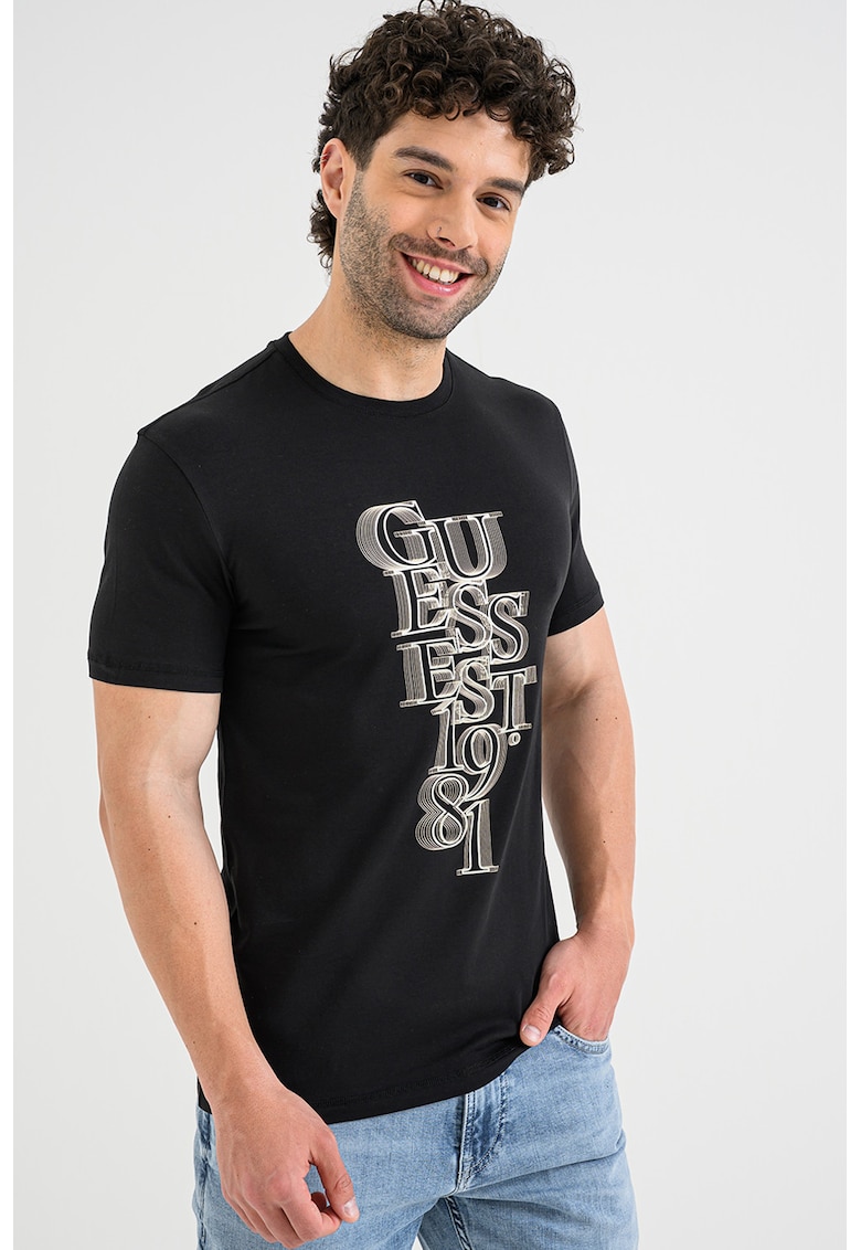 Tricou din amestec de bumbac cu imprimeu logo frontal - Alb/Negru/Bej