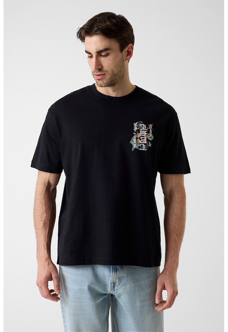 Tricou lejer de bumbac cu imprimeu - Negru