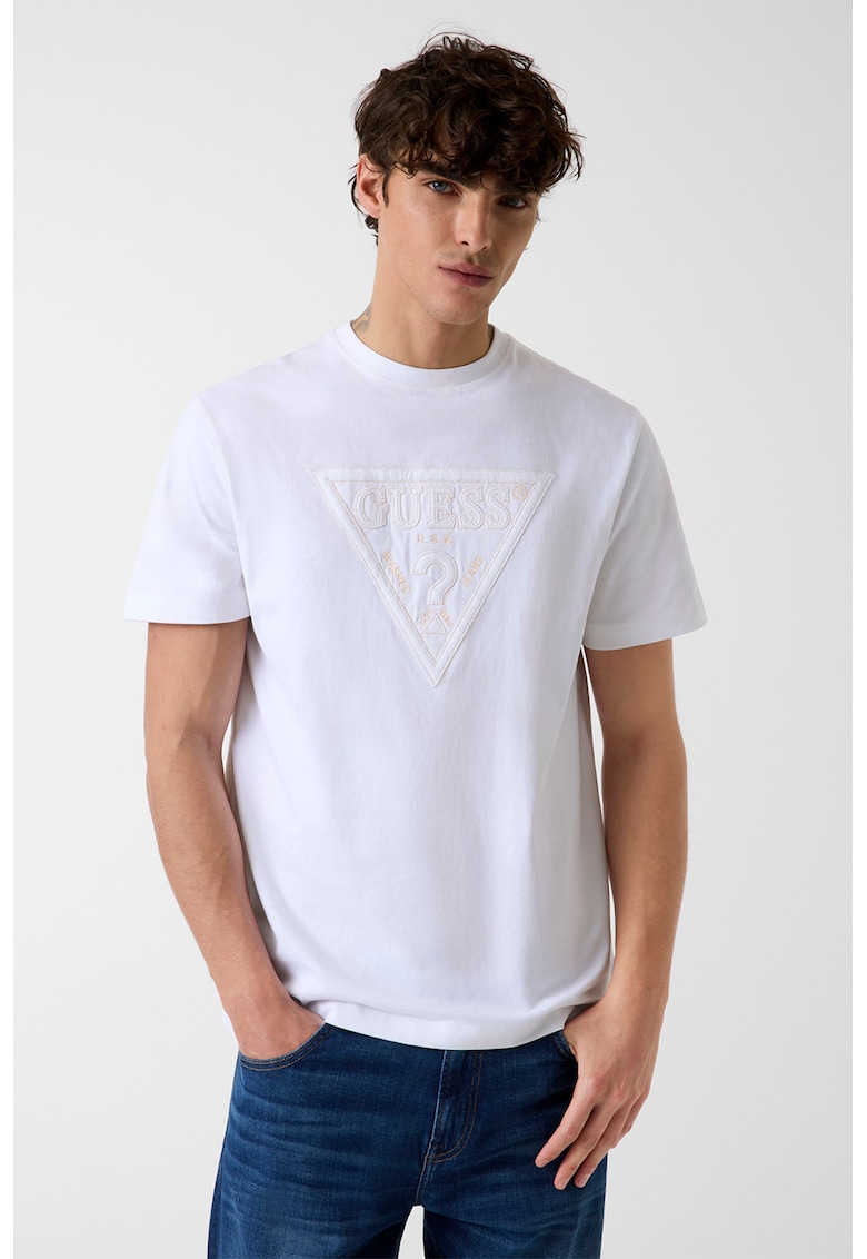 Tricou cu decolteu la baza gatului si logo - Portocaliu pal/Alb optic