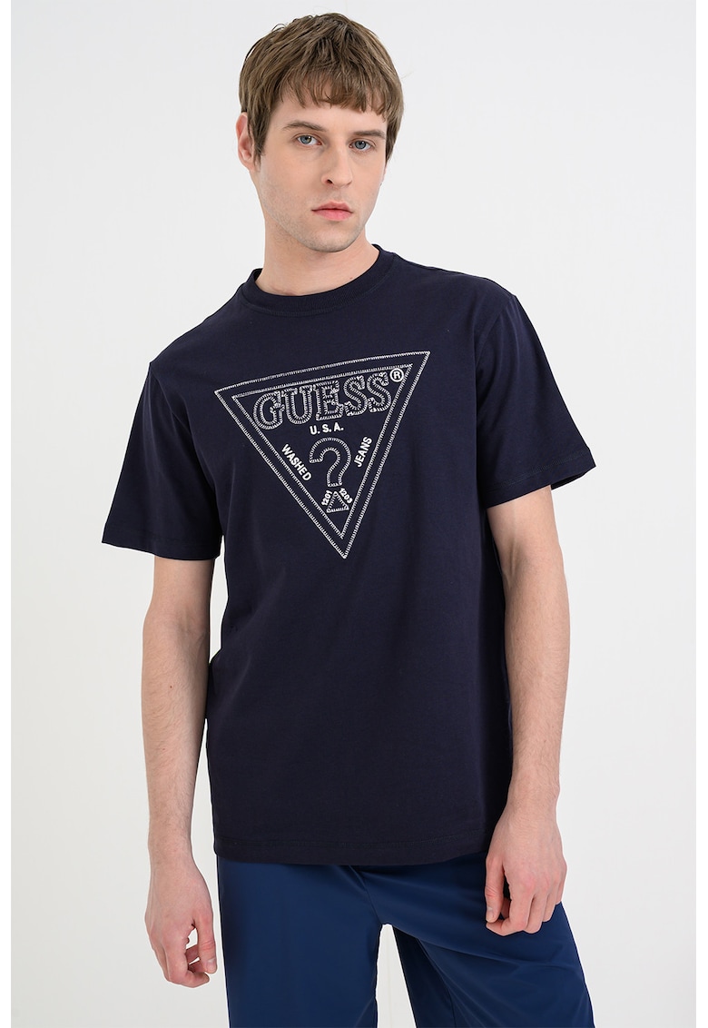 Tricou cu decolteu la baza gatului si logo - Albastru ultramarin