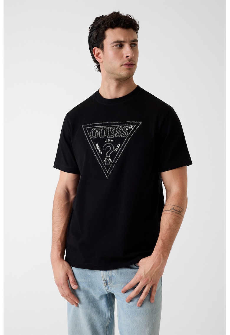 Tricou cu decolteu la baza gatului si logo - Negru/Argintiu