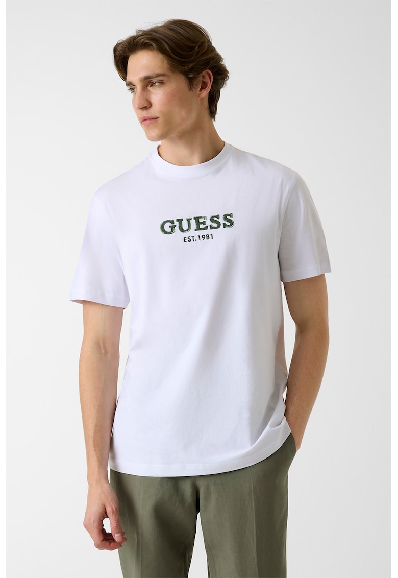 Tricou cu logo brodat si decolteu la baza gatului - Alb/Verde padure