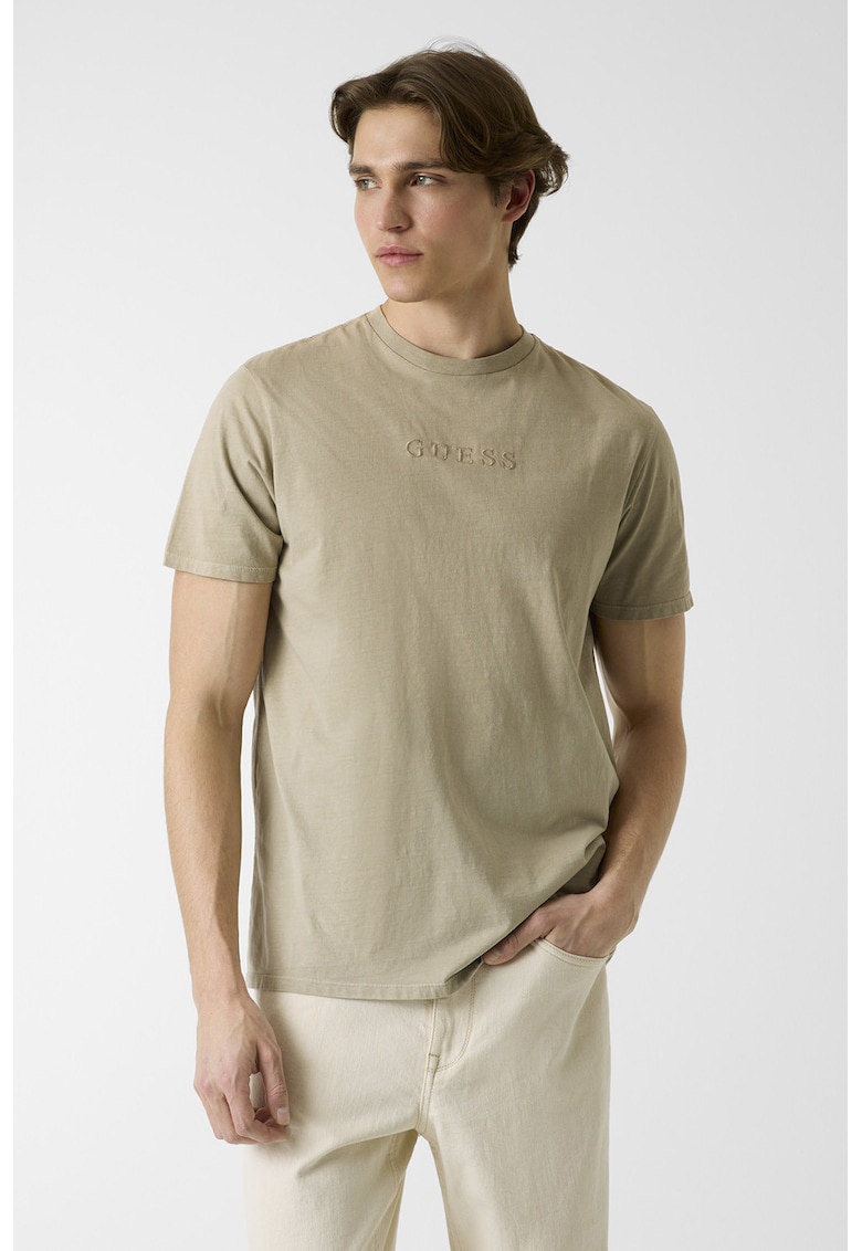 Tricou din bumbac cu logo brodat discret - Bej inchis