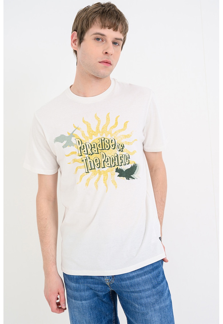 Tricou din bumbac cu imprimeu text si grafic - Crem