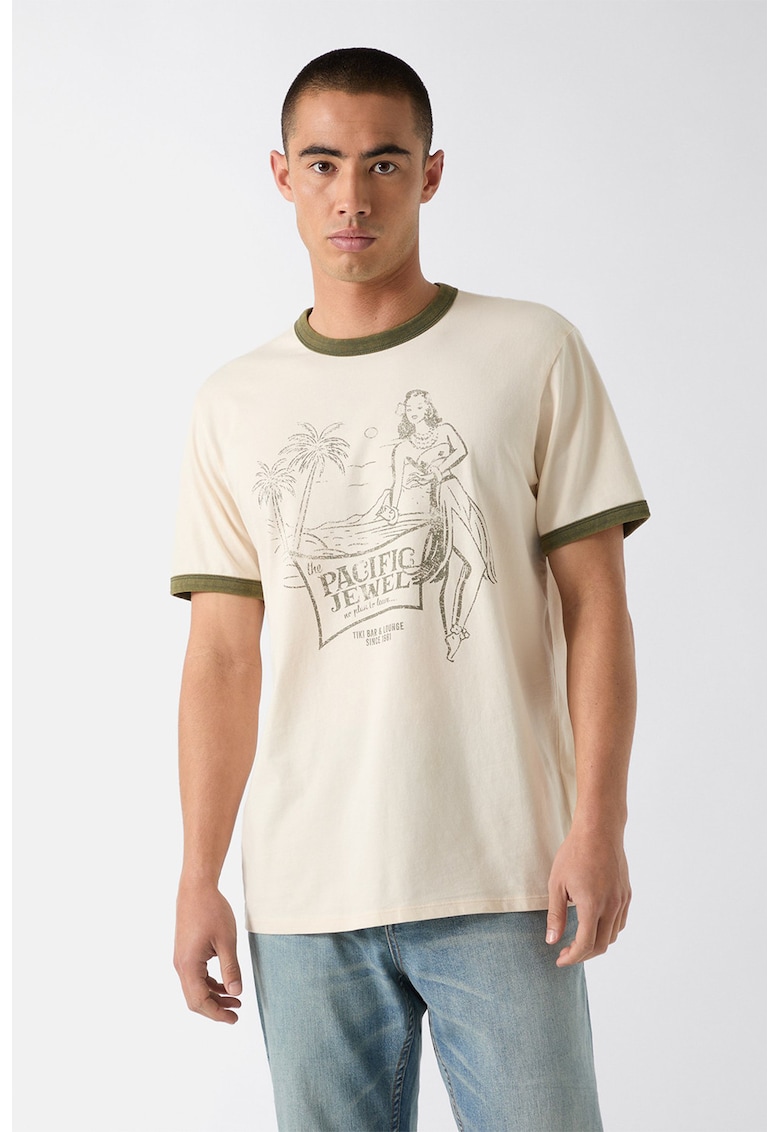 Tricou din bumbac cu imprimeu tropical - Verde feriga/Crem