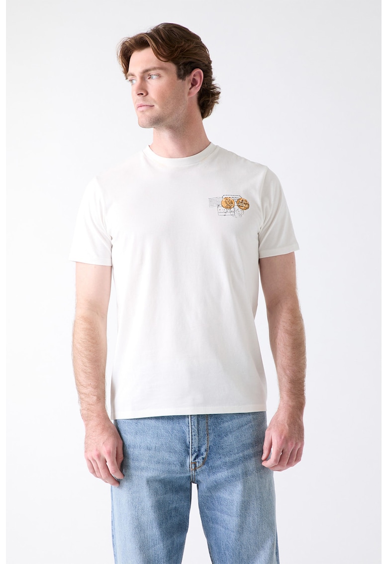 Tricou din bumbac cu imprimeu contrastant pe partea din spate - Alb/Roz pal/Ocru