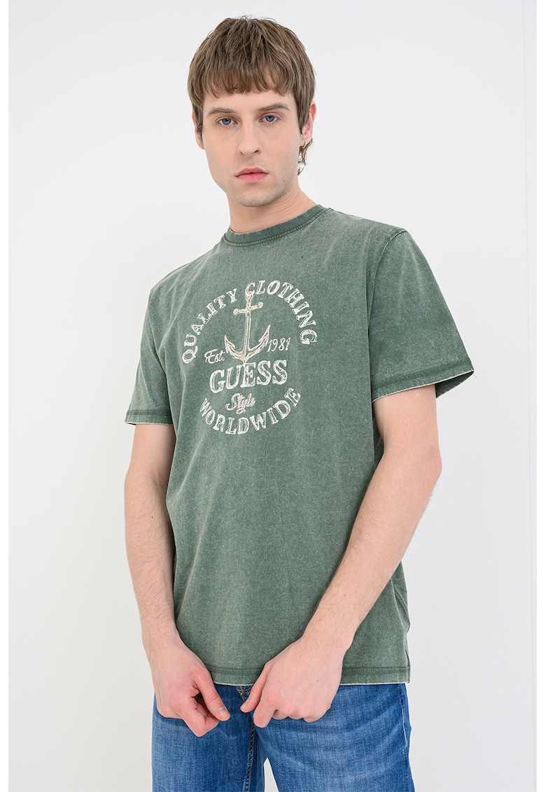 Tricou cu aspect decolorat si imprimeu - Verde feriga