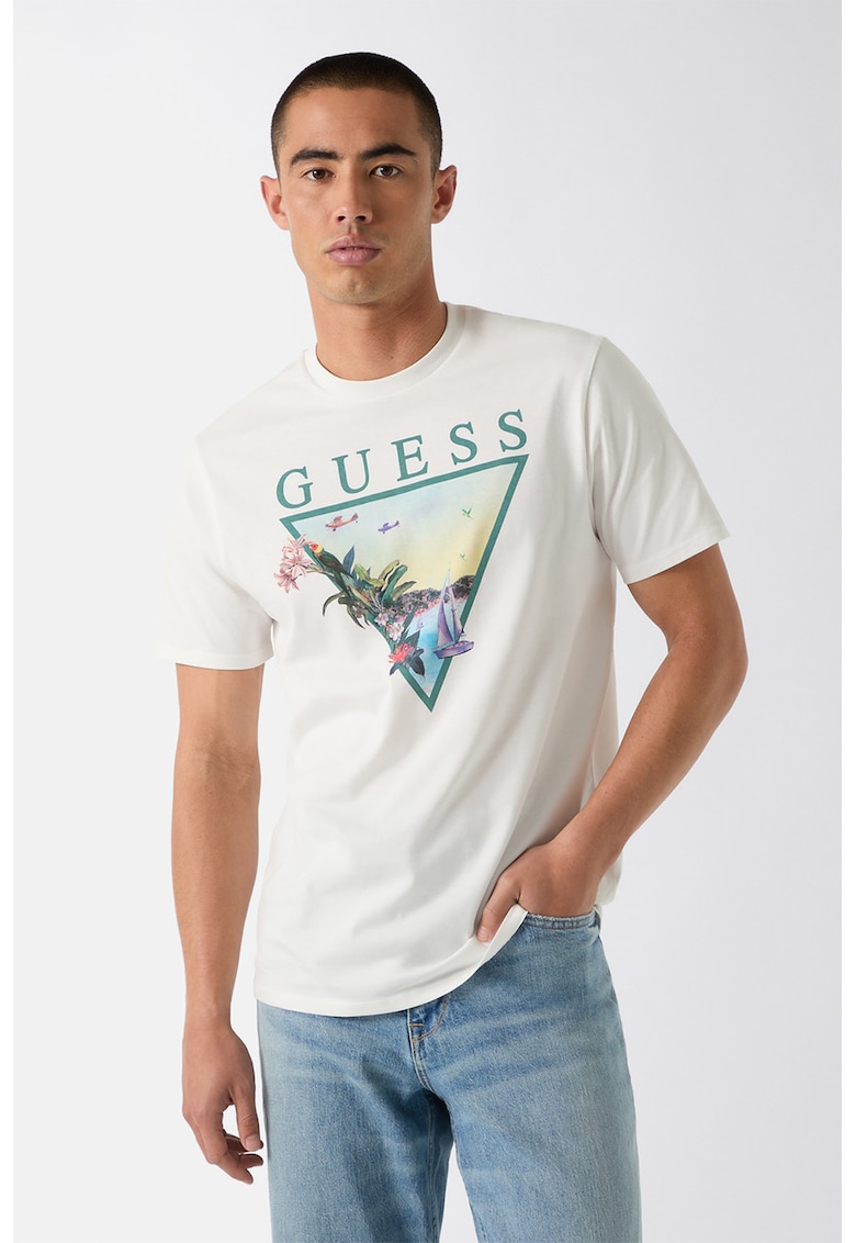 Tricou regular-fit cu imprimeu grafic si logo - Verde aquamarin/Alb murdar