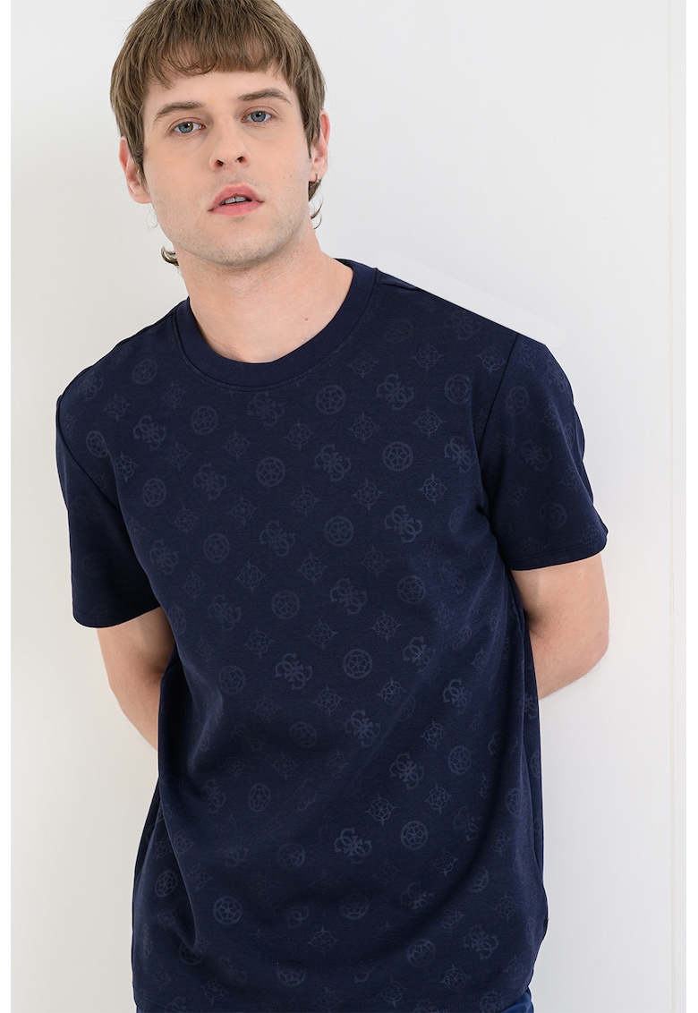 Tricou din amestec de bumbac cu decolteu la baza gatului - Albastru ultramarin