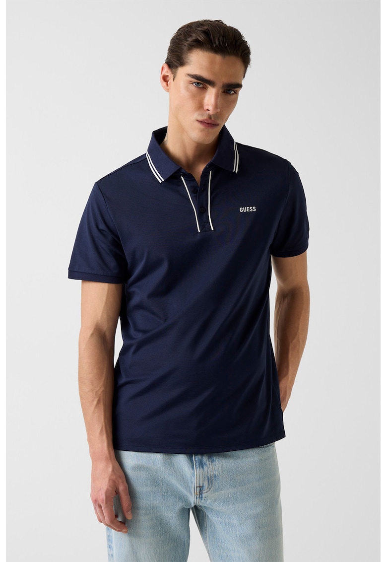 Tricou polo cu logo brodat discret - Alb/Bleumarin