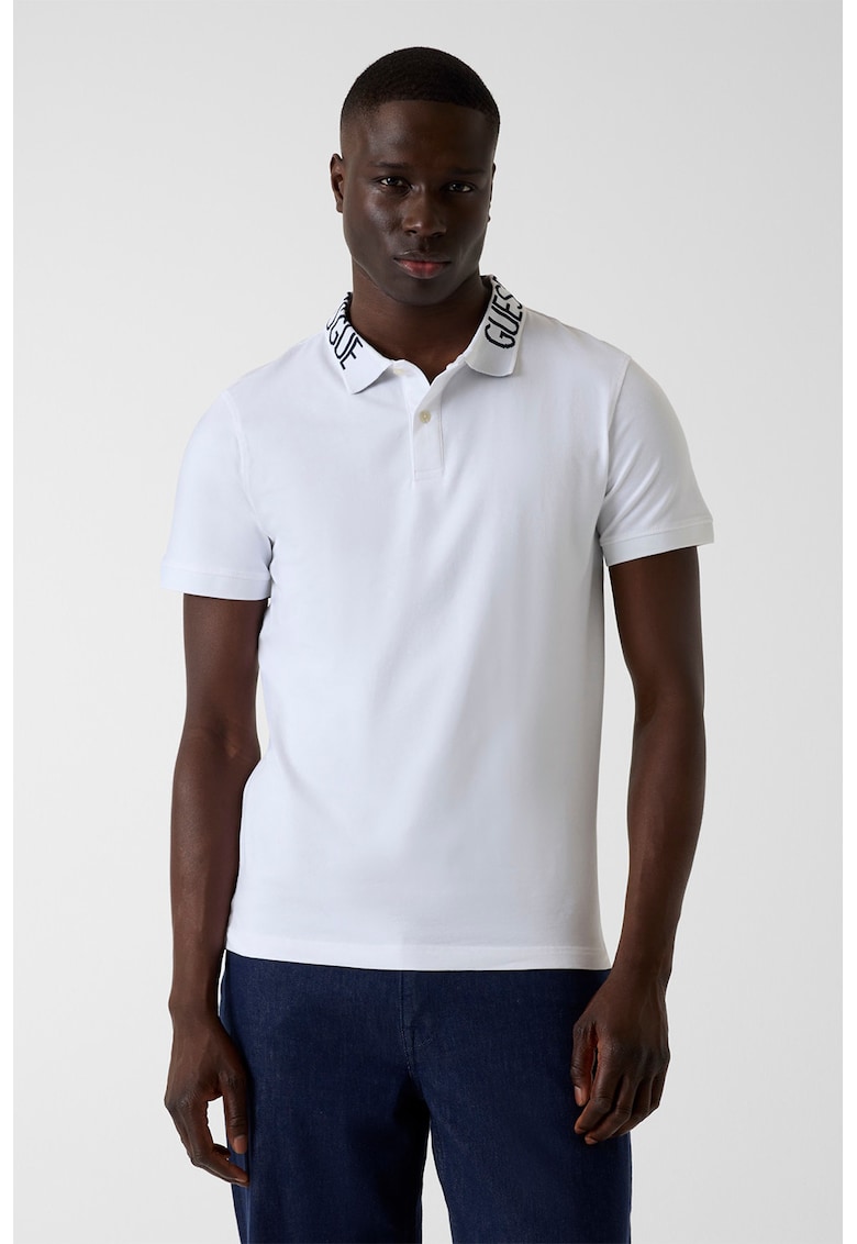 Tricou polo cu croiala slim-fit si guler cu logo - Negru stins/Alb optic