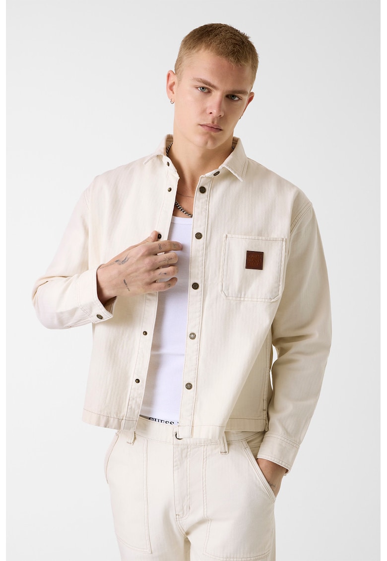 Jacheta din denim cu buzunar pe piept - Maro nisip