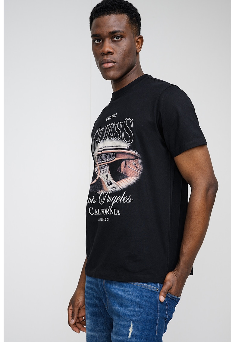 Tricou de bumbac cu imprimeu logo - Alb/Negru/Maro deschis