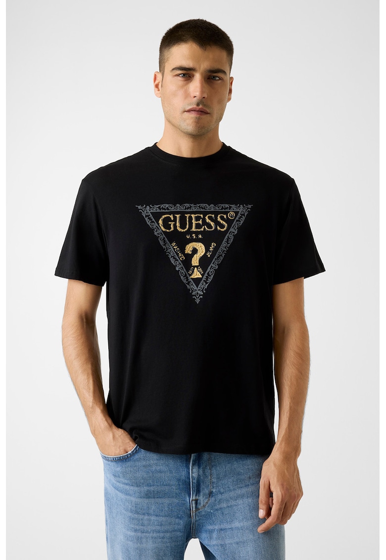 Tricou din bumbac cu imprimeu logo - Auriu/Negru/Gri inchis