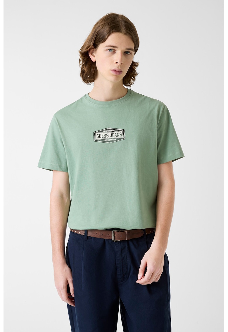 Tricou din bumbac cu decolteu la baza gatului si detaliu logo - Verde pal
