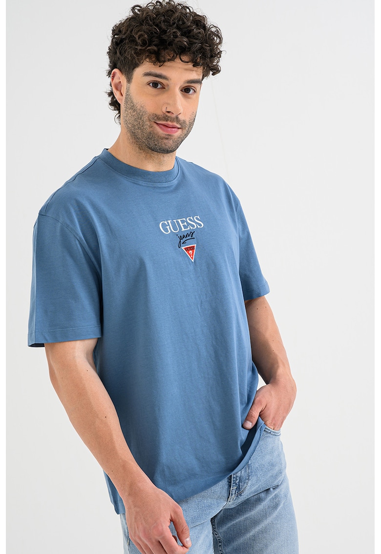 Tricou supradimensionat din bumbac cu broderie logo - Alb/Albastru prafuit