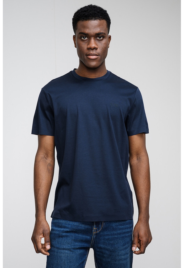 Tricou din amestec de lyocell cu decolteu la baza gatului - Albastru ultramarin