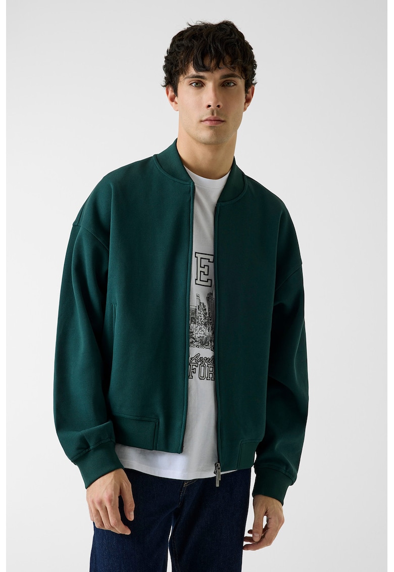 Bluza de trening cu fermoar si maneci cazute - Verde englez