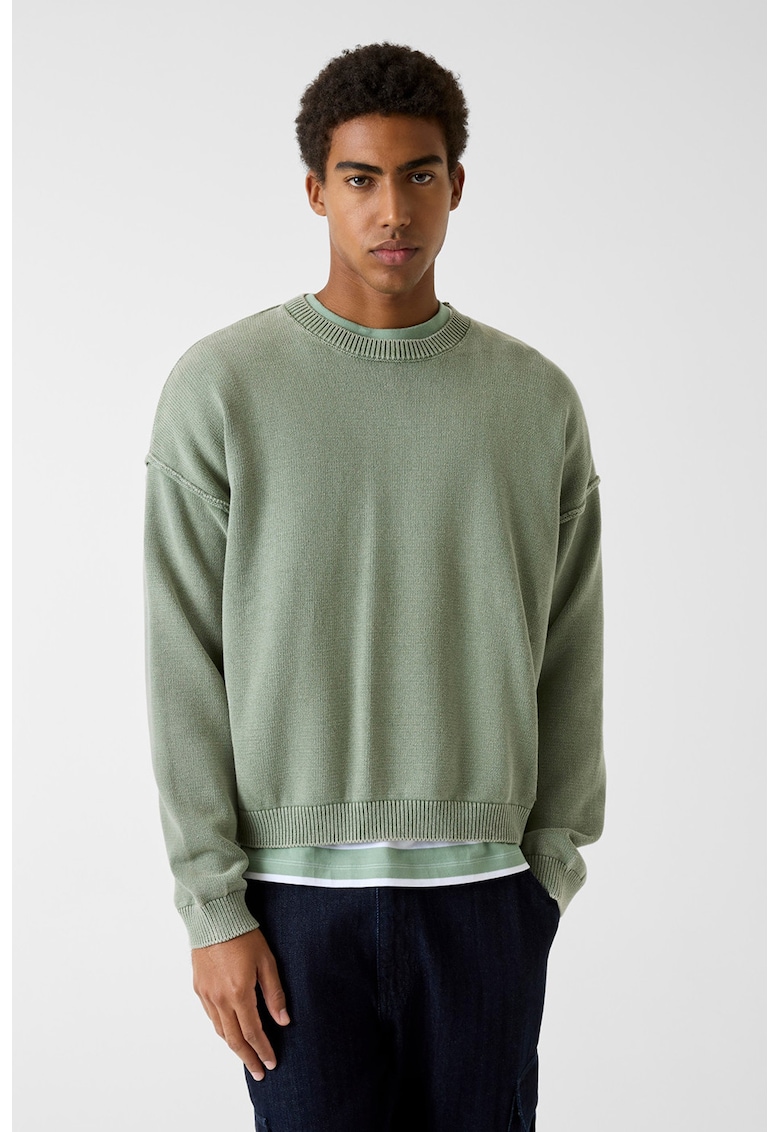 Pulover tricotat fin cu maneci cazute - Verde sparanghel