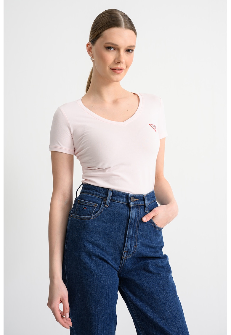 Tricou slim fit cu decolteu in V - Roz pastel
