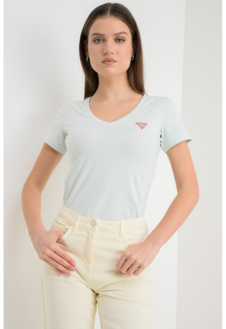 Tricou slim fit cu decolteu in V - Albastru aquamarin