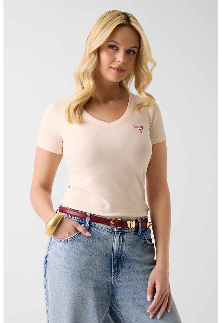 Tricou slim fit cu decolteu in V - Bej deschis