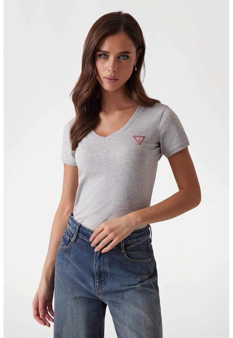 Tricou slim fit cu decolteu in V - Gri melange