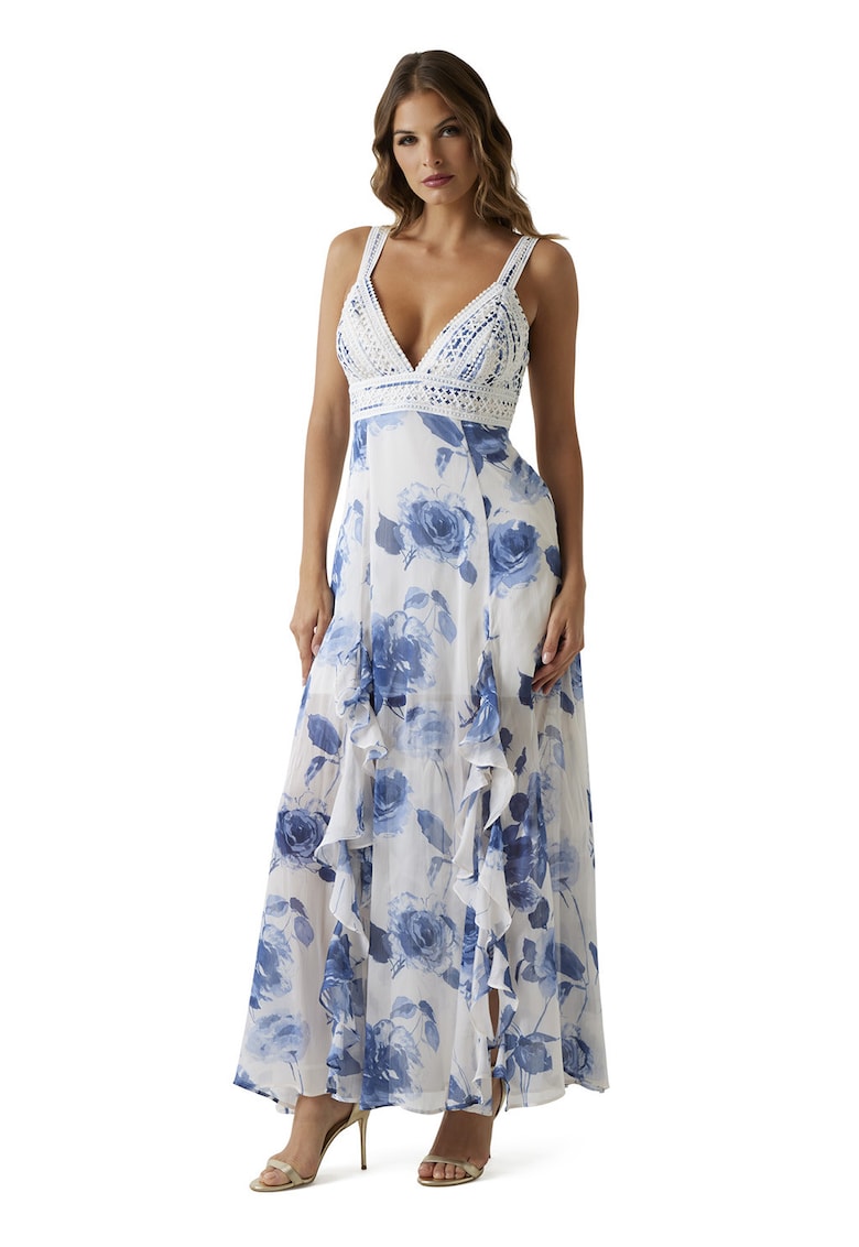 Rochie cu decolteu in V si model floral - Alb/Albastru