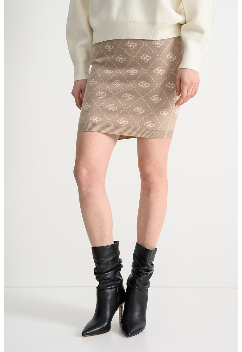 Fusta mini cu model - Alb fildes/Maro deschis