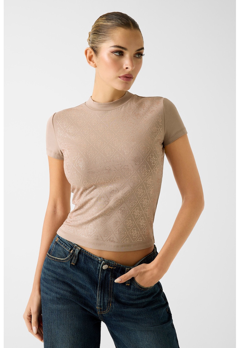 Tricou crop cu model monograma cu strasuri - Maro deschis