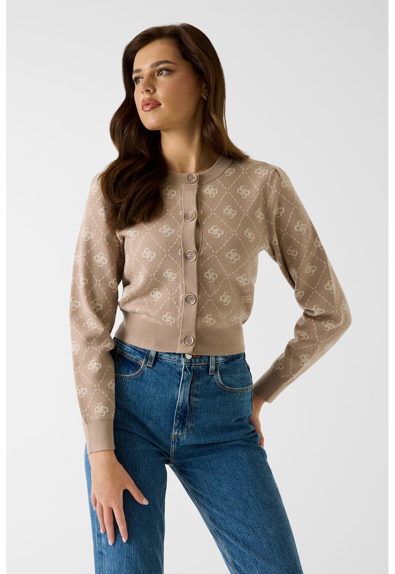 Cardigan crop din amestec de lana cu model monograma - Bej/Maro deschis