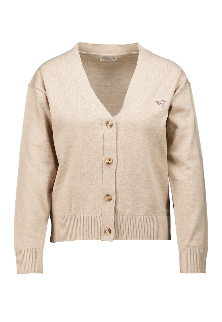 Cardigan cu decolteu in V si logo - Maro camel/Bej deschis