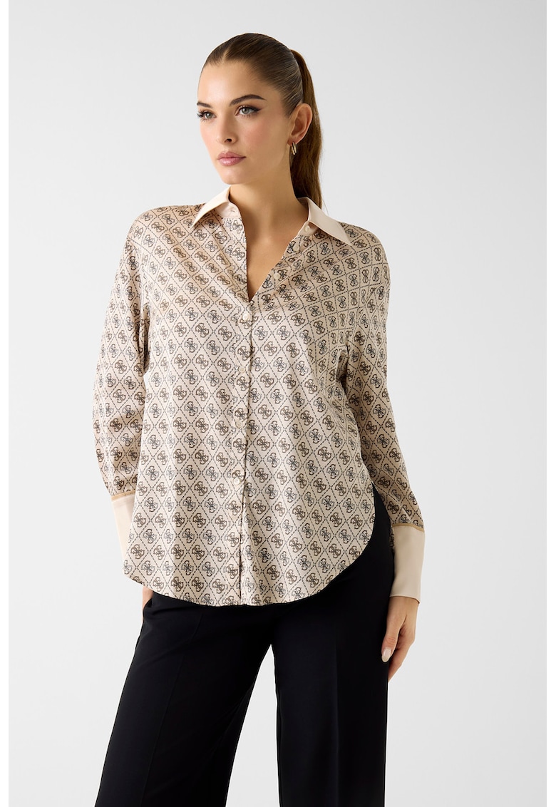 Camasa de satin cu imprimeu logo - Negru/Maro/Bej