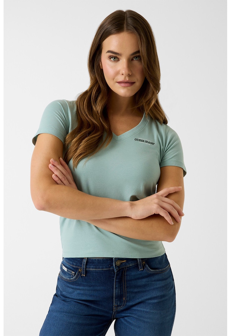 Tricou slim fit cu decolteu in V - Verde