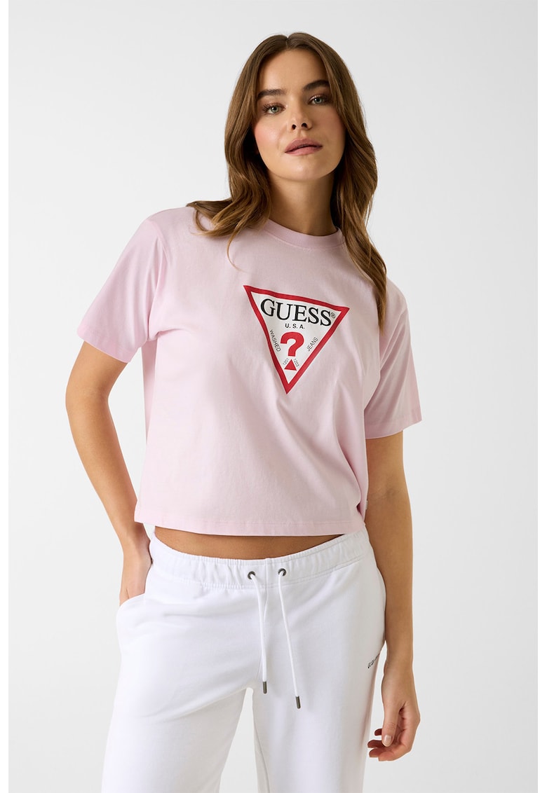 Tricou lejer din bumbac organic cu imprimeu logo pe piept - Roz pastel/Alb optic/Rosu vermillion