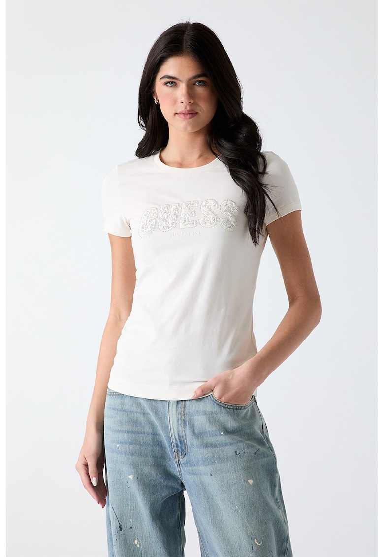 Tricou slim fit cu logo cu strasuri - Crem