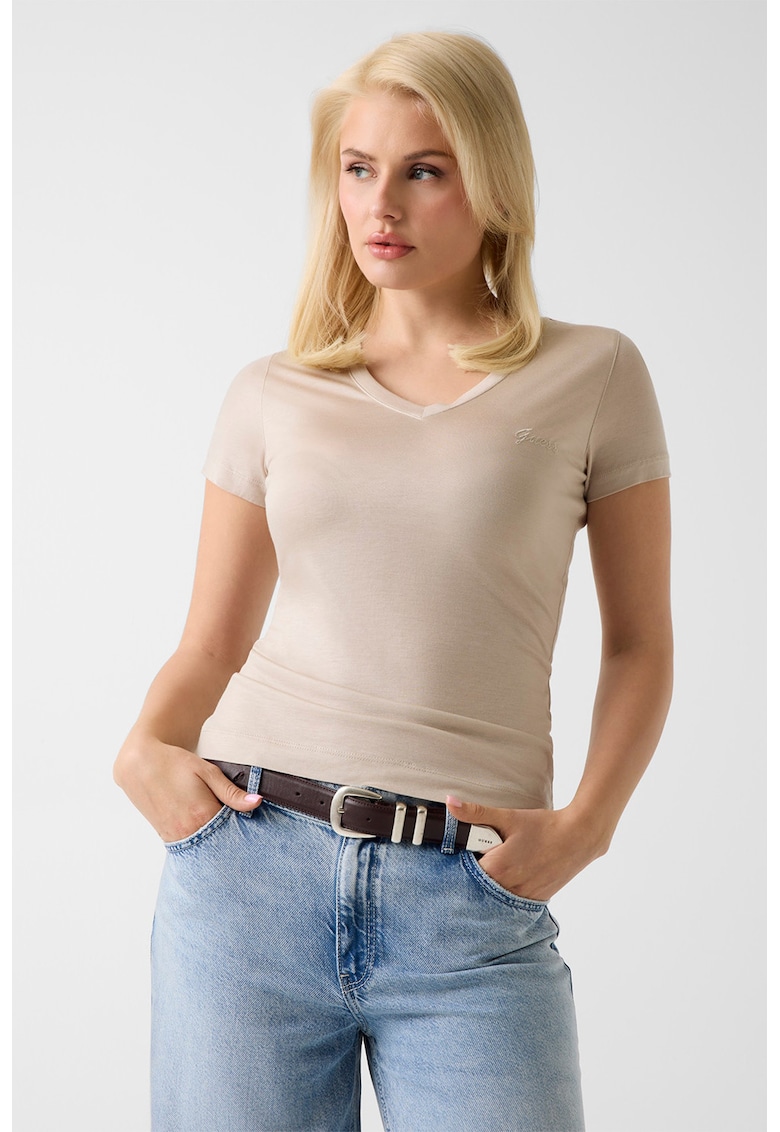 Tricou din lyocell cu decolteu in V - Bej