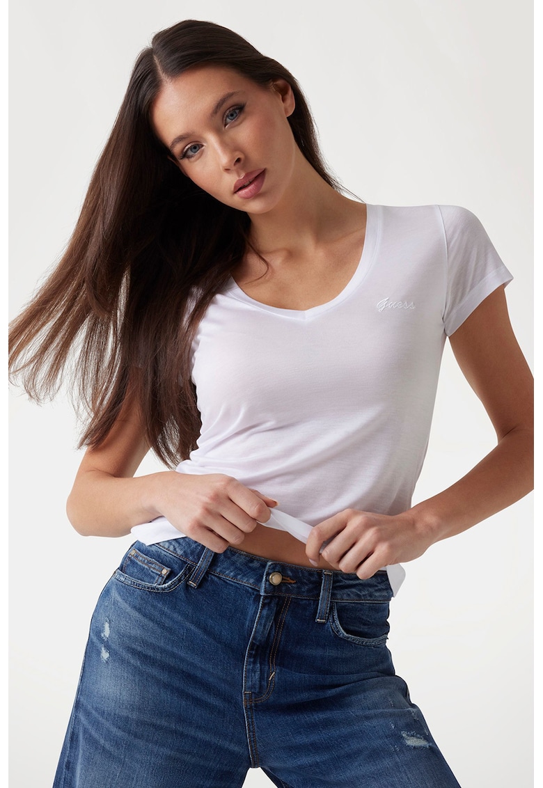 Tricou din lyocell cu decolteu in V - Alb murdar