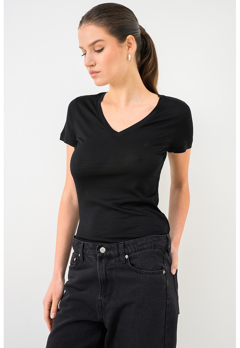 Tricou din lyocell cu decolteu in V - Negru