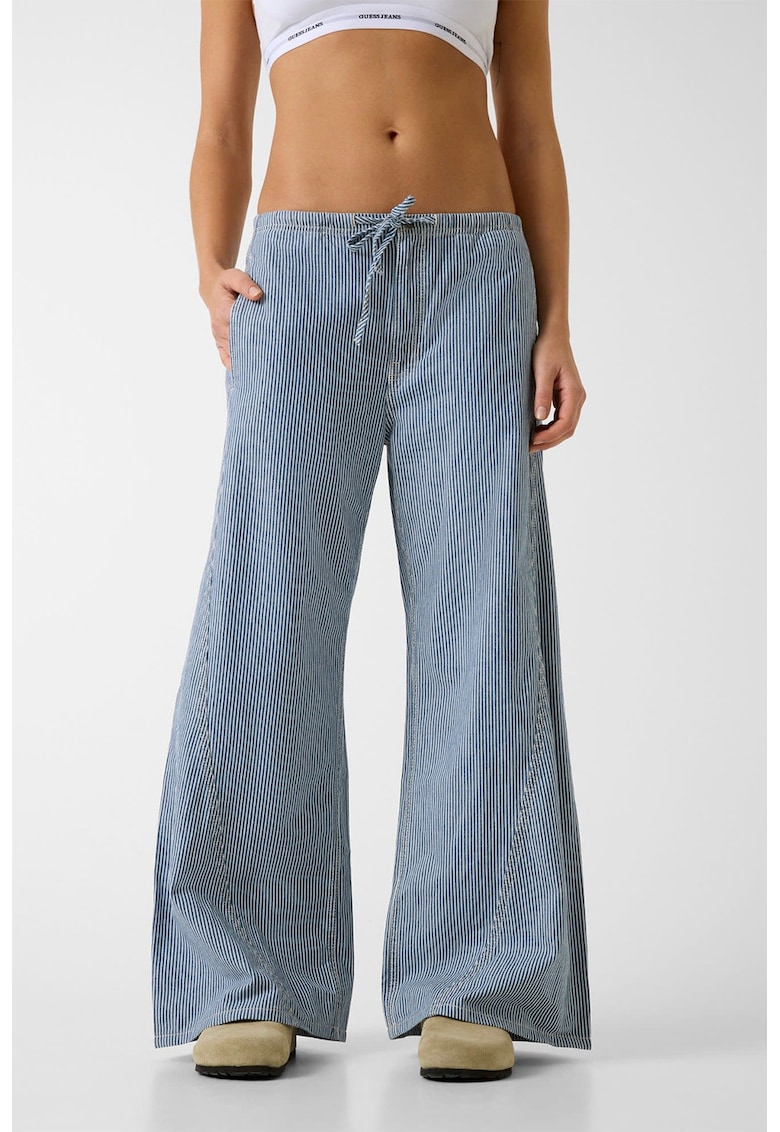 Pantaloni cu snur in talie si dungi - Alb/Albastru pastel