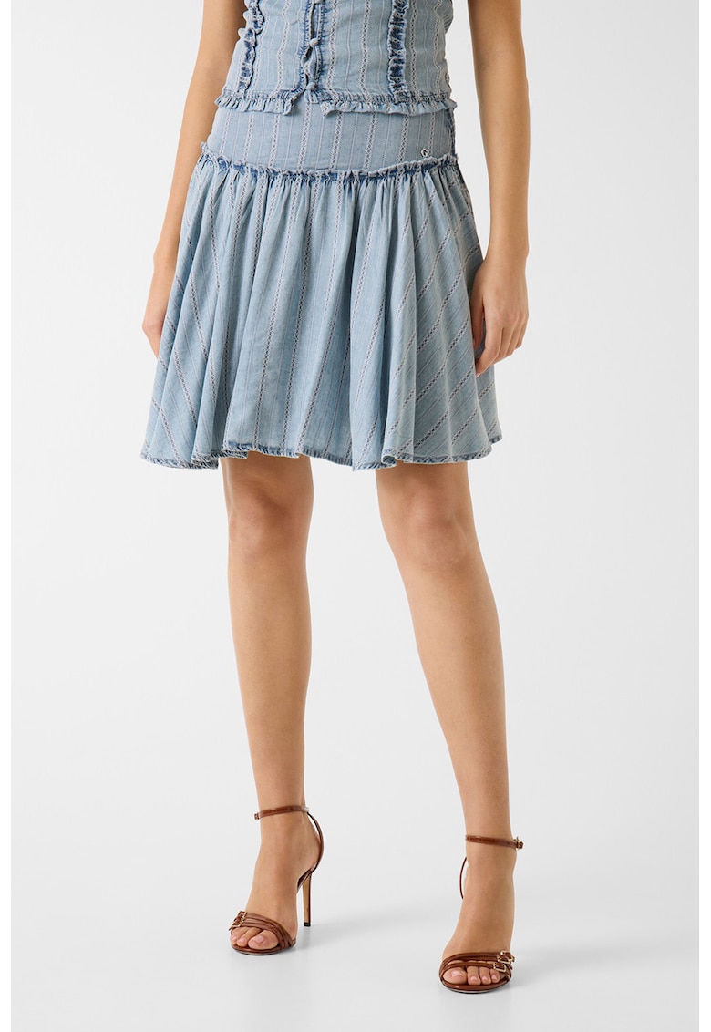 Fusta mini evazata din material chambray - Albastru deschis