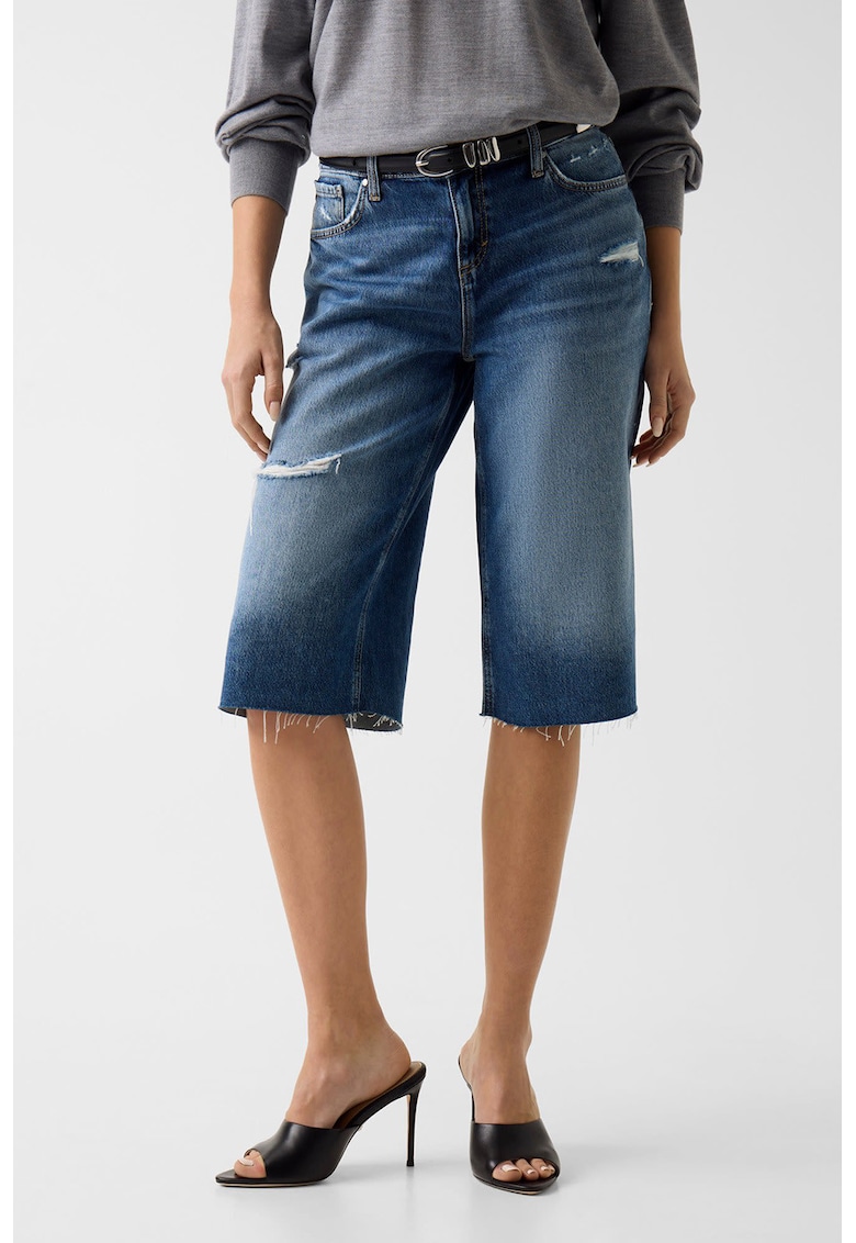 Bermude din denim cu detalii cu aspect deteriorat - Albastru melange