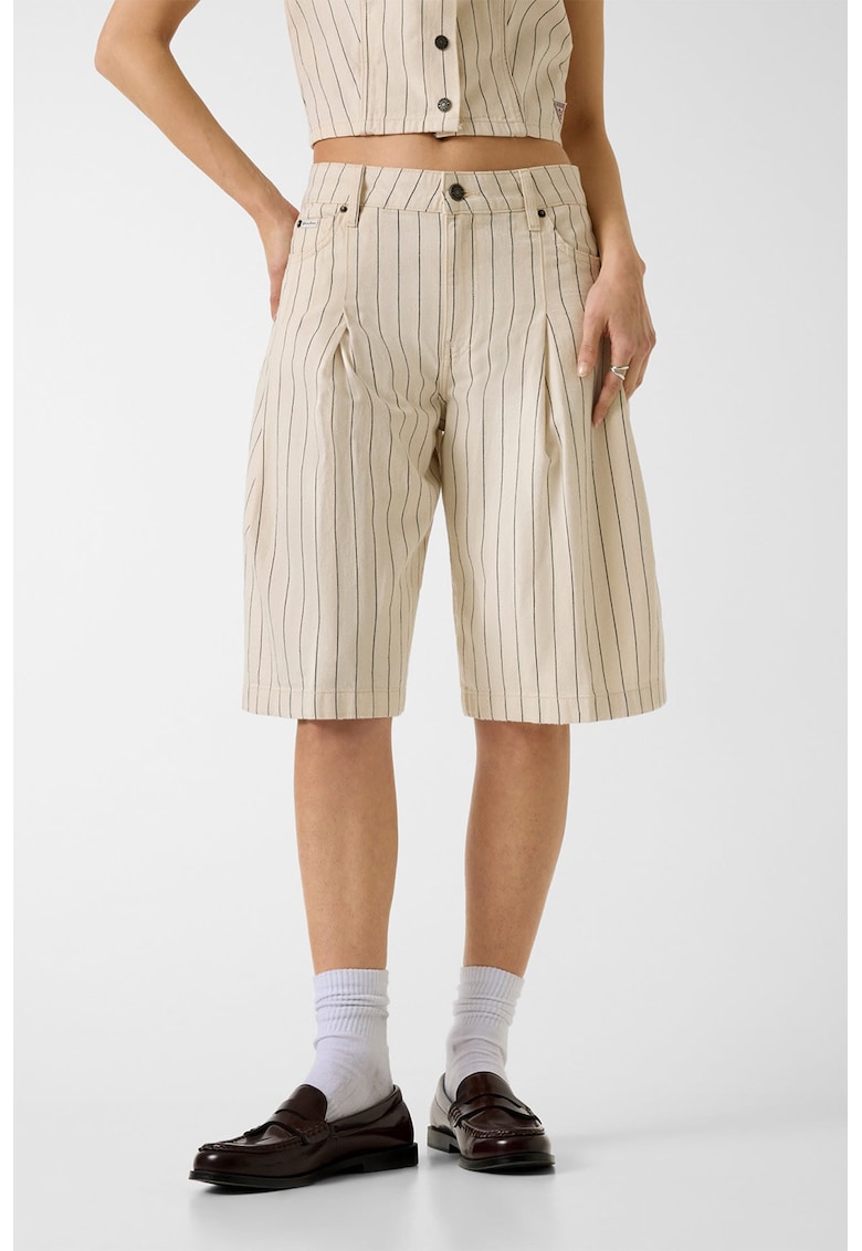 GUESS - Pantaloni cu talie inalta si dungi - Negru stins/Maro nisip